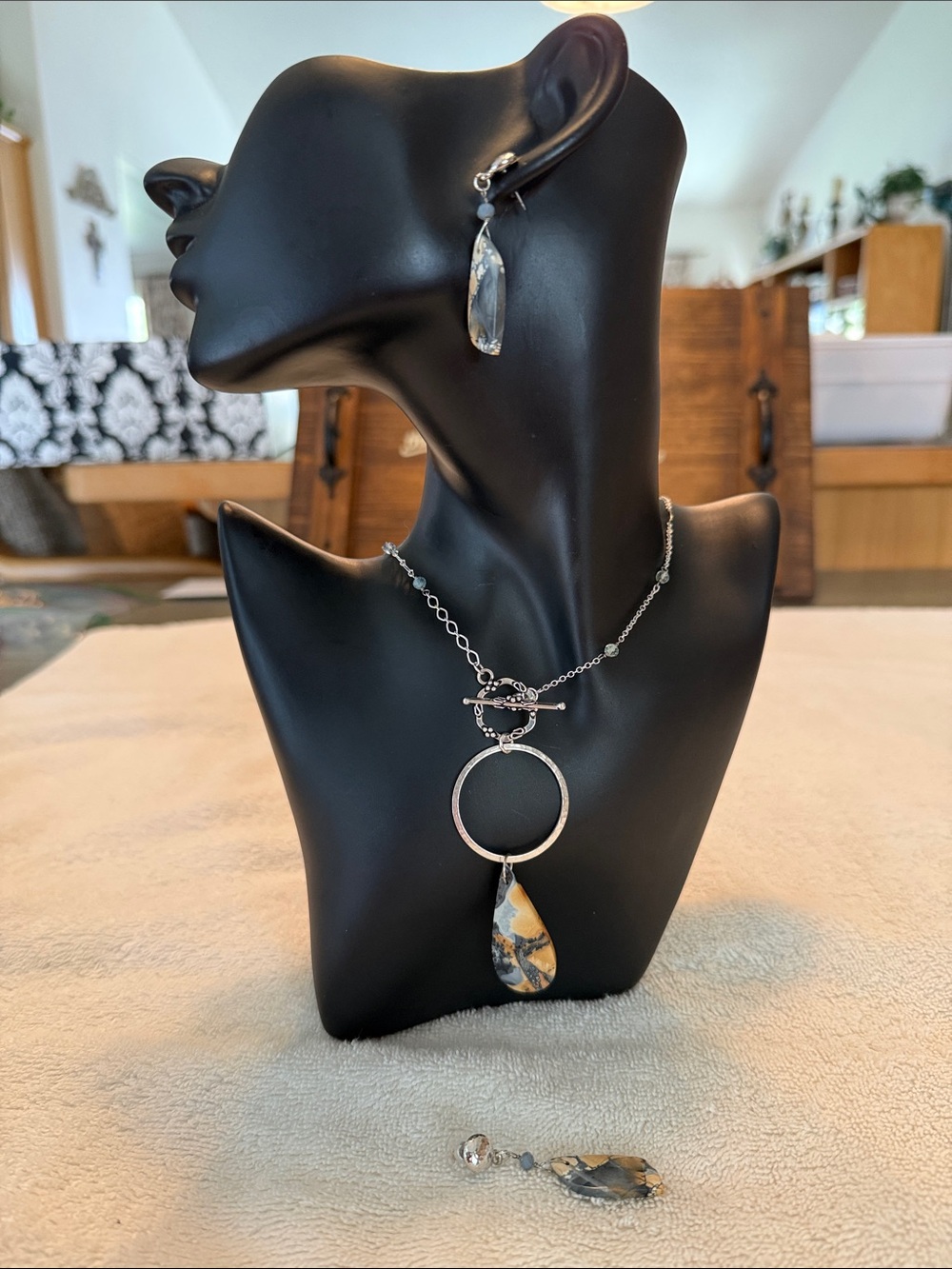 Artisan Grey & Yellow with Silver accents Necklace and Coordinated Drop Earrings